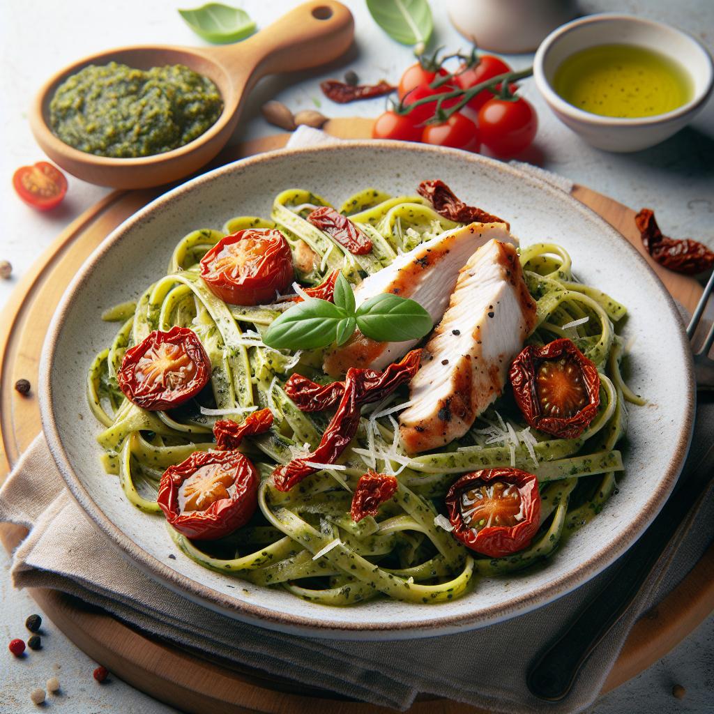 Zesty Pesto Pasta with Sun-Dried Tomatoes & Chicken Flair